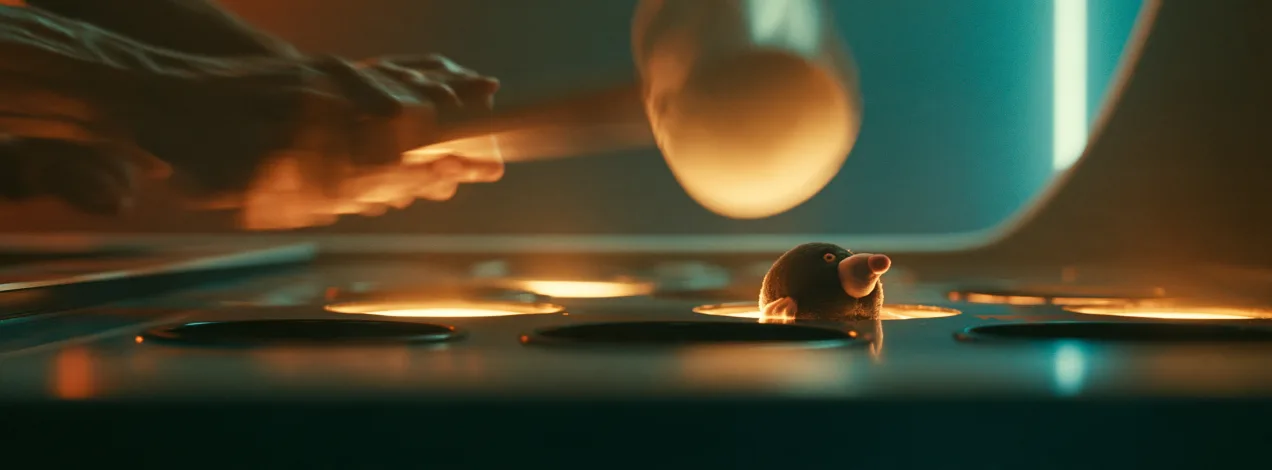 A mallet swinging down on a whack-a-mole game