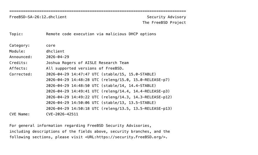 FreeBSD security advisory FreeBSD-SA-26:12.dhclient for CVE-2026-42511, remote code execution via malicious DHCP options